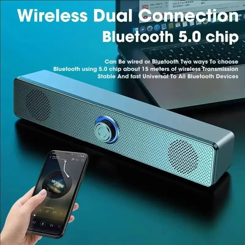 Sleek silver rectangular bluetooth speaker usb powered soundbar with textured grille and control knob for gaming home theater