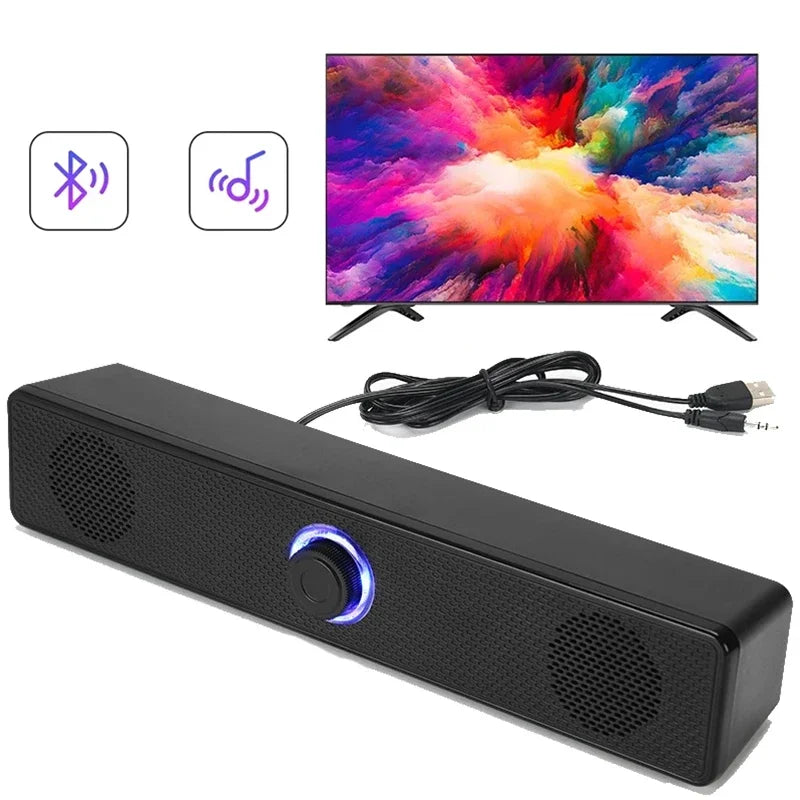 Black rectangular usb powered soundbar with textured surface and blue control knob for laptop gaming home theater surround