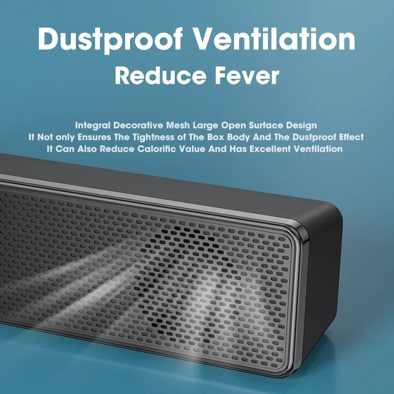 Black rectangular usb powered soundbar with perforated metal mesh and rounded edges for laptop gaming home use