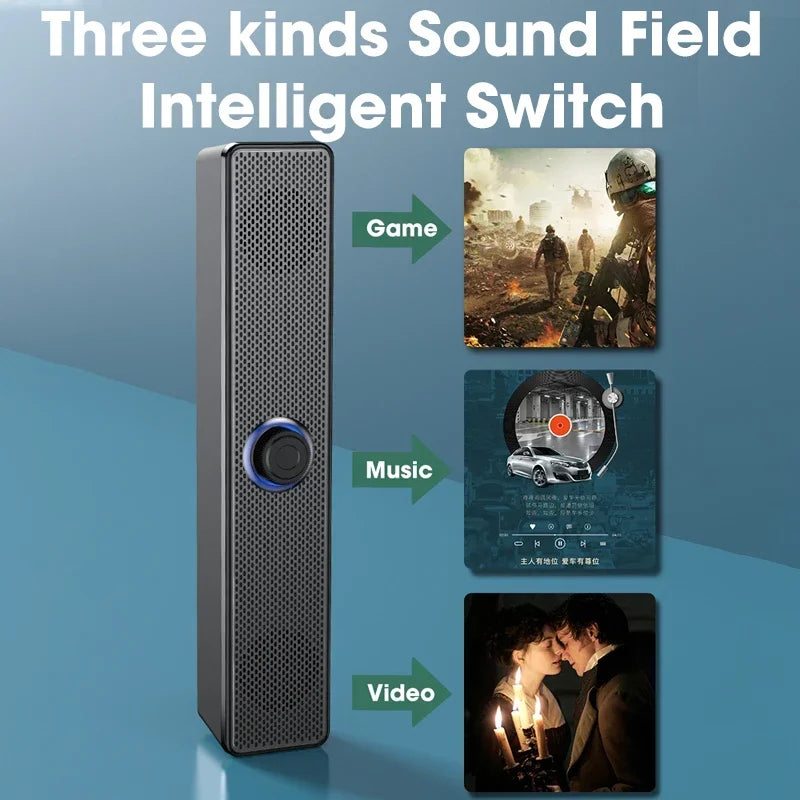 Black rectangular usb powered soundbar with perforated grille and blue button for laptop gaming home theater surround audio system