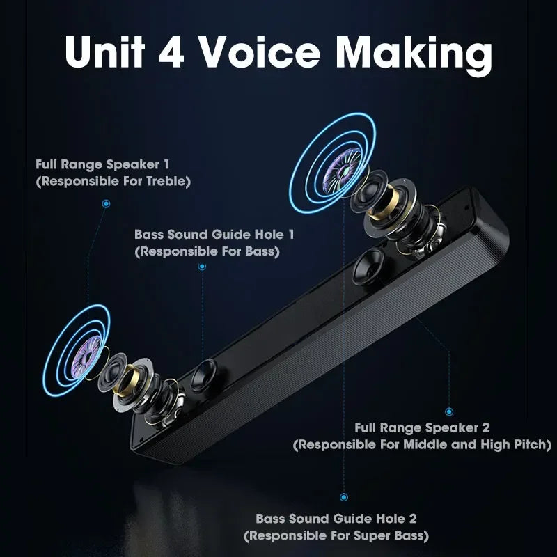 Black rectangular usb powered soundbar with dual bass guide holes for enhanced home theater surround audio output