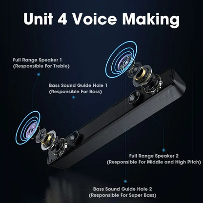 Black rectangular usb powered soundbar with dual bass guide holes for enhanced home theater surround audio output