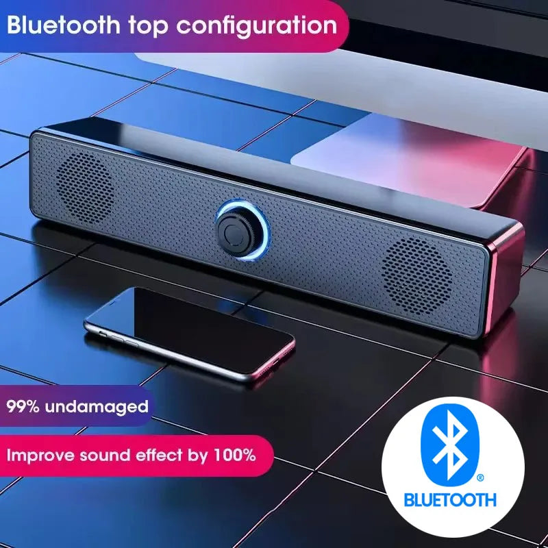 Black and silver usb powered soundbar with blue illuminated knob for laptop gaming home and home theater surround audio system