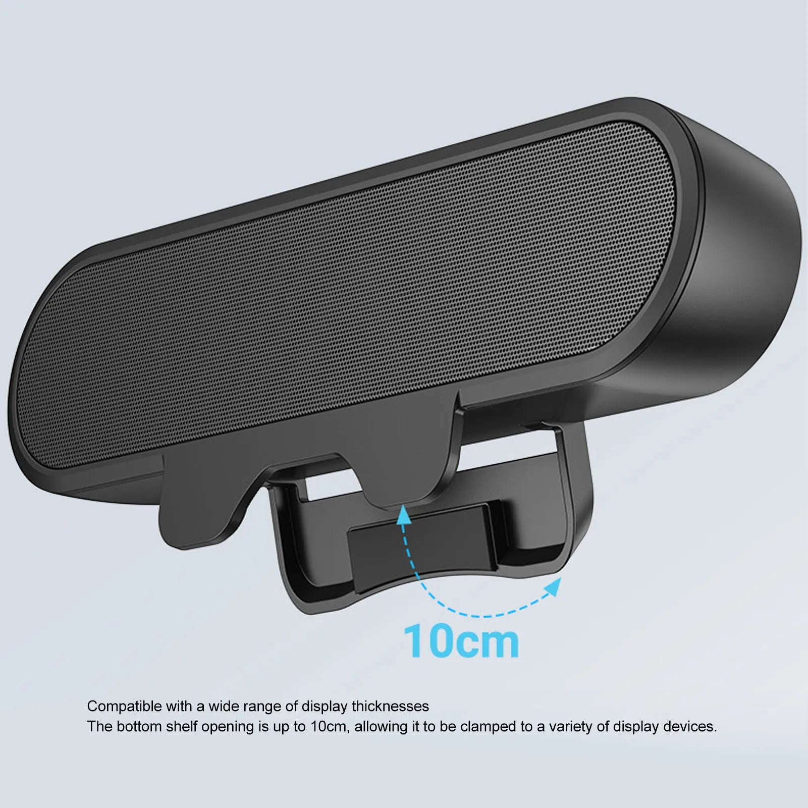 Black plastic computer speaker monitor stand with textured grille and adjustable clamp for loud sound volume and high definition stereo