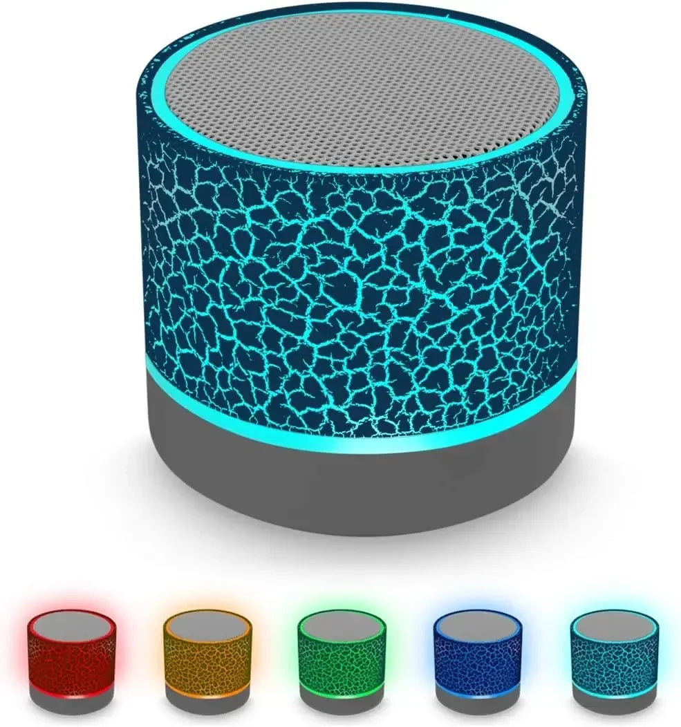 Cylindrical pc speaker with crackled blue body and glowing turquoise led rings for notebook desktop caixa use