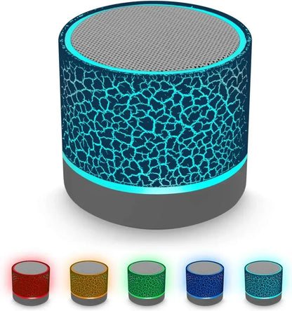 Cylindrical pc speaker with crackled blue body and glowing turquoise led rings for notebook desktop caixa use