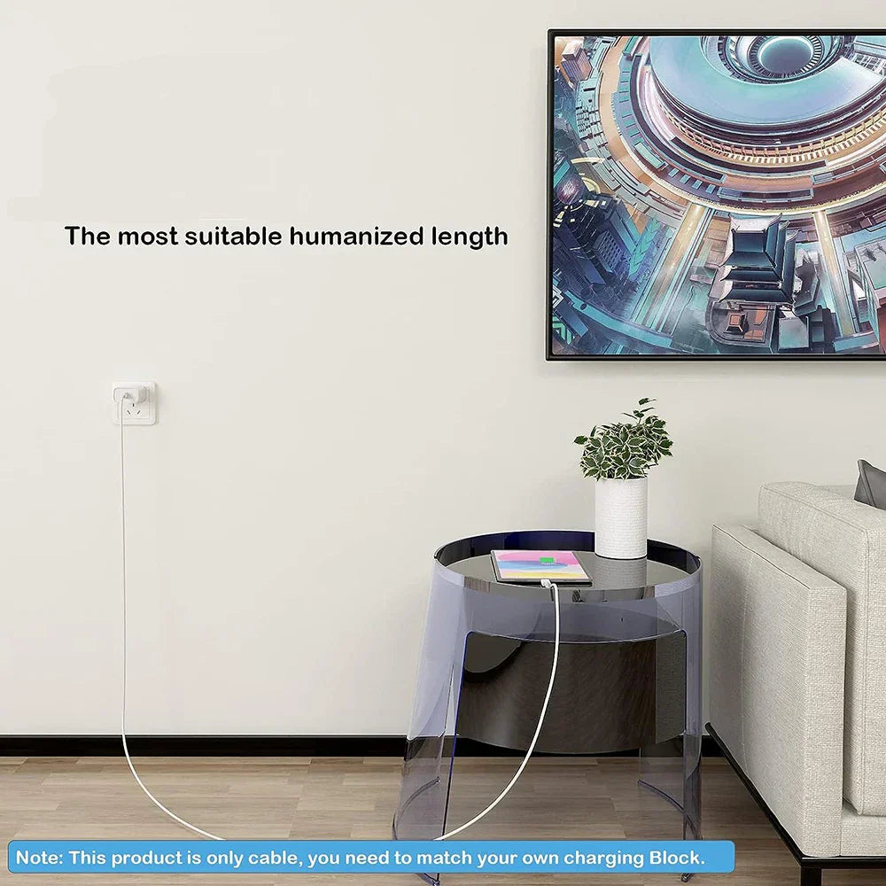 A sleek transparent acrylic side table with a black base displayed alongside a 60w usb fast charge cable for 15pro huawei samsung devices