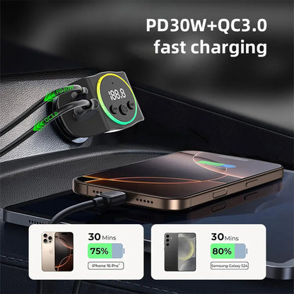 Black and green pd30w+qc3.0 car fast charger with digital display for transmitter wireless handsfree and car mp3 player use