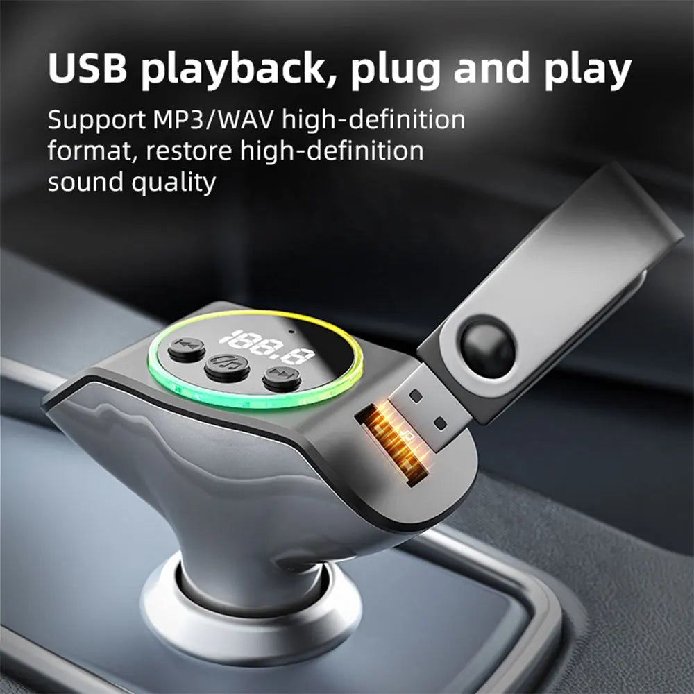 Silver metallic pd30w+qc3.0 bluetooth 5.3 car mp3 player with circular display and illuminated buttons transmitter wireless handsfree and fast charger