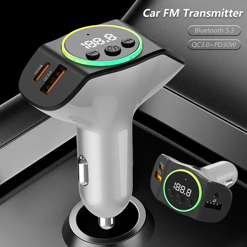 Silver and black pd30w+qc3.0 car mp3 player transmitter wireless handsfree with circular display usb ports and fast charger