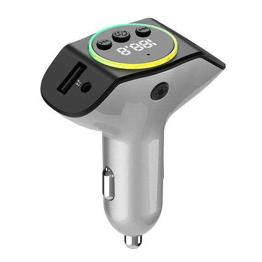 Silver car mp3 player with black control panel colorful led ring usb port bluetooth transmitter wireless handsfree car fast charger