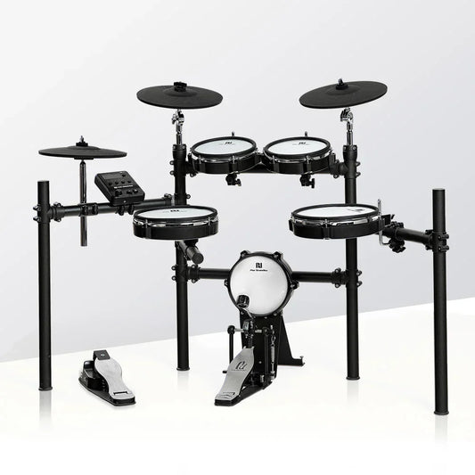 Black electronic drum set with white mesh drumheads and silver hardware for drum set home studio practice kit mesh use