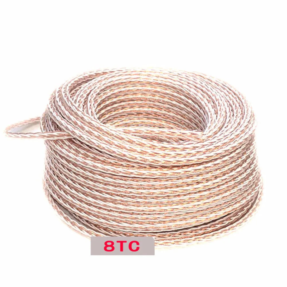 A coiled braided meter hifi 8tc 7n occ pure copper wire loudspeaker cable with beige and white twisted strands