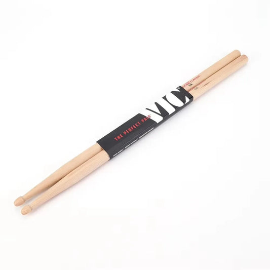 A pair of natural wood percussion musical instrument sticks with black and white branded wrap for mallet plastic training