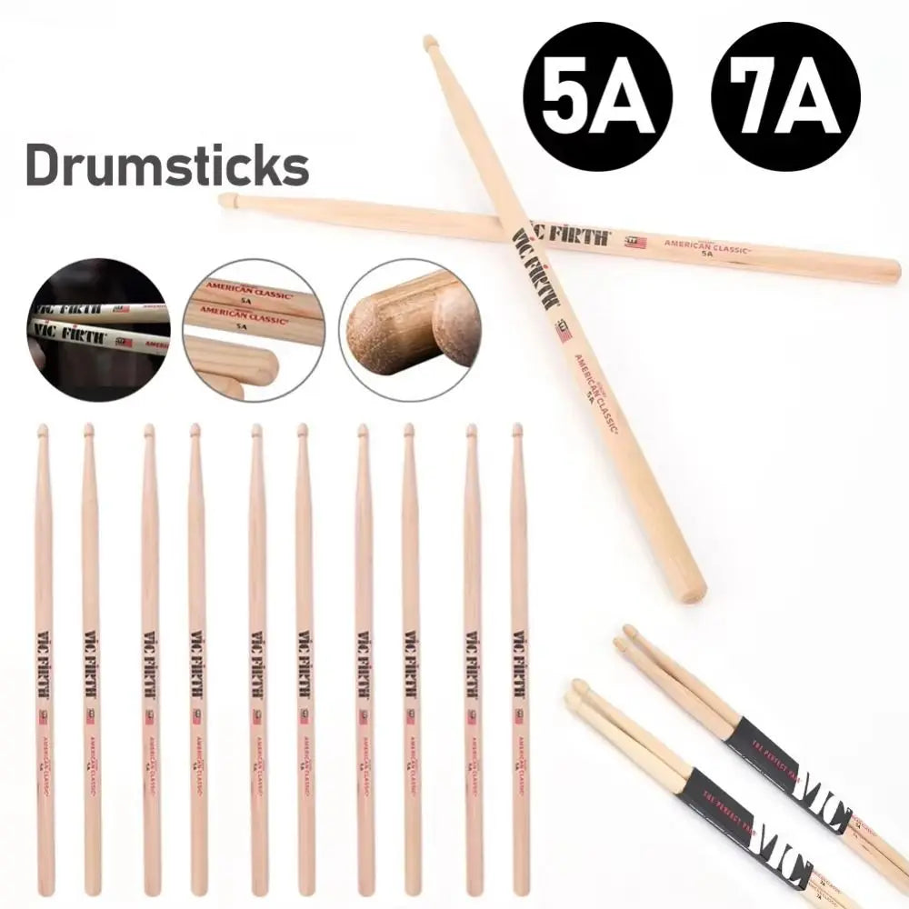 Light-colored wooden vic firth american classic percussion musical instrument sticks with black printed branding and model numbers