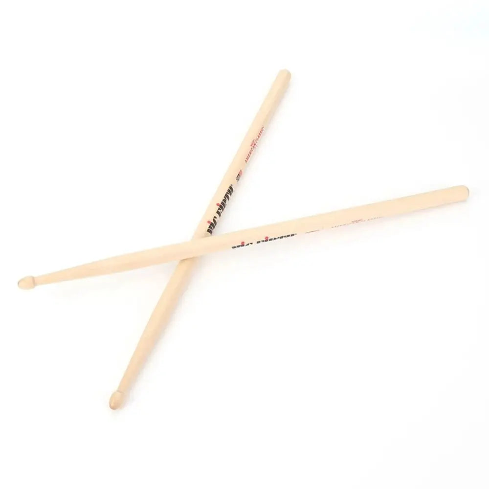 Pair of natural wood percussion musical instrument sticks with black and red branding for mallet plastic training use