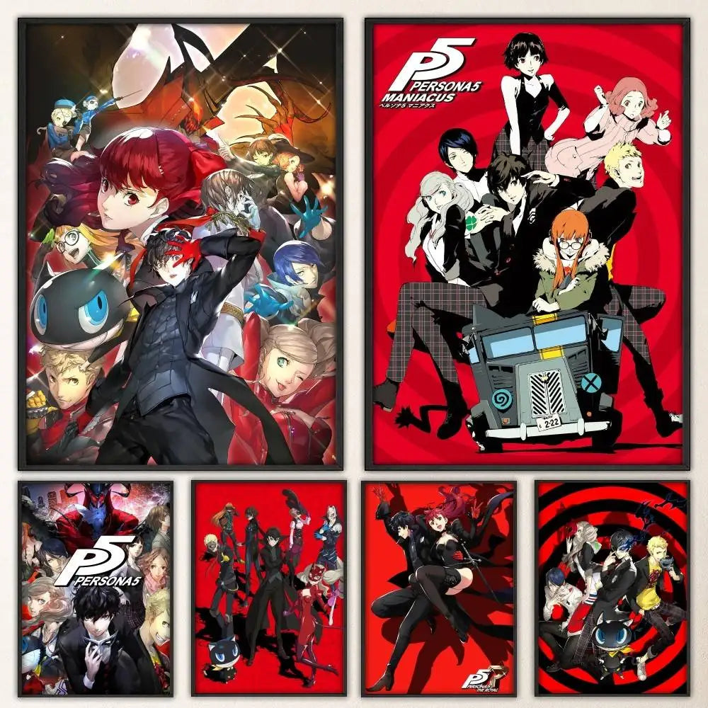 Set of five framed persona 5 anime posters with vibrant art and bold red backgrounds for living room decor