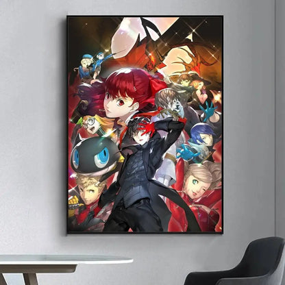 A framed persona 5 anime poster featuring vibrant reds blacks and golds for living room wall decoration