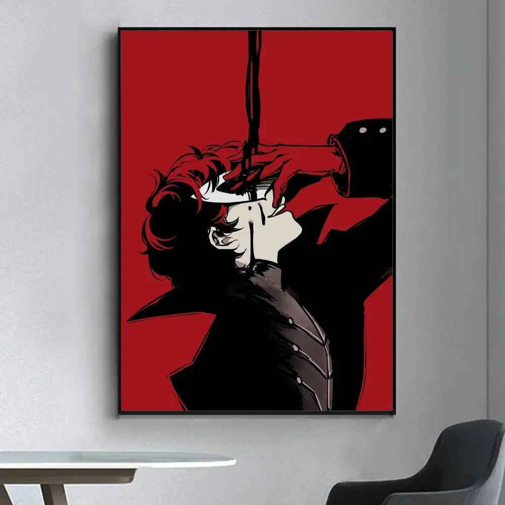 A bold red and black persona 5 anime style framed poster with flowing hair for living room wall decoration