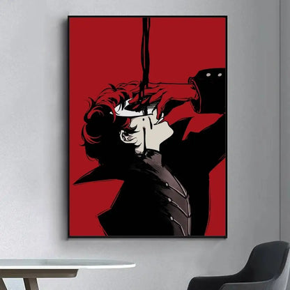 A bold red and black persona 5 anime style framed poster with flowing hair for living room wall decoration