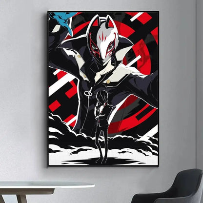 Black and white anime-style persona 5 poster with red accents geometric background for living room wall decor