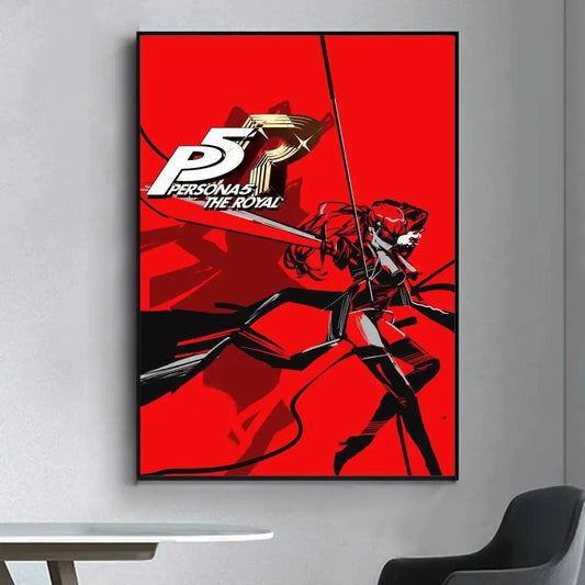 Vibrant red framed persona 5 the royal poster with dynamic character artwork for living room wall decoration