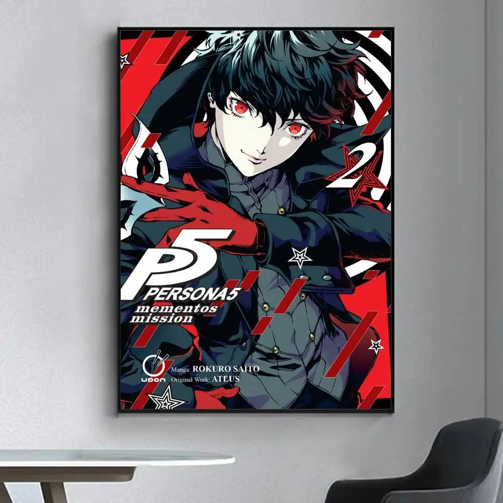 A vibrant red and black persona 5 hot video game poster with bold design for living room bar retro decoration