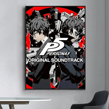 Black and red framed persona 5 anime poster with bold white title letters for living room retro wall decoration