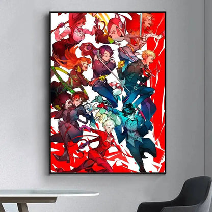 Vibrant red and white persona 5 anime poster in sleek black frame for living room retro decorative wall art