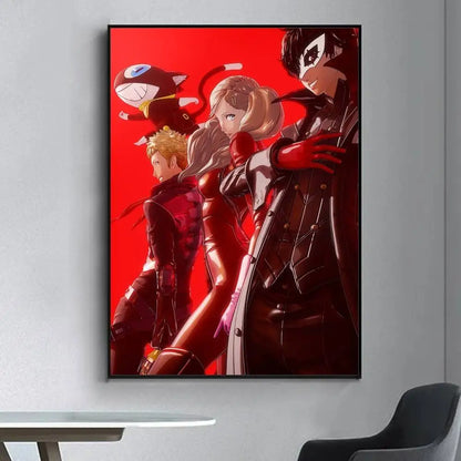 Vibrant red persona 5 anime poster with four dynamic characters for living room wall decoration and retro style ambiance