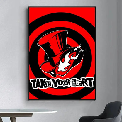 Red and black framed canvas art featuring a stylized top hat with flame design and take your heart text for living room decor