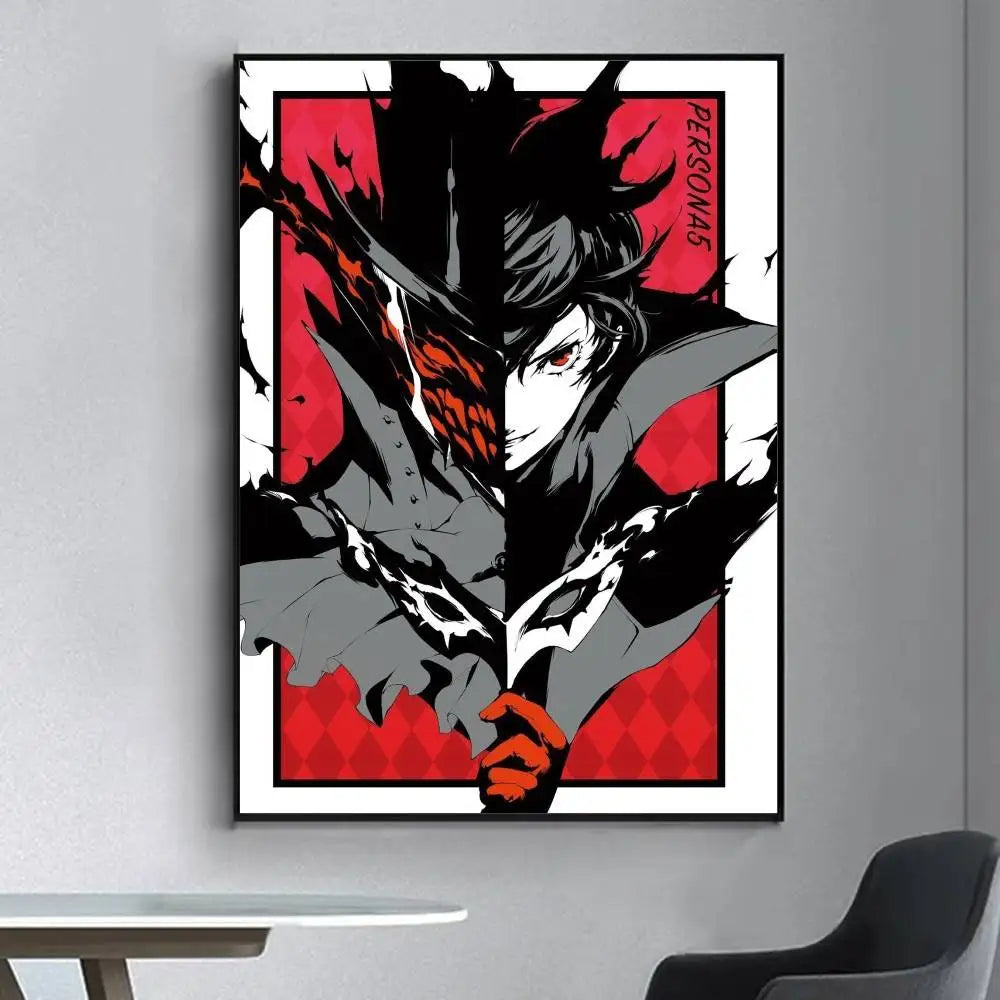 Persona 5 hot video game poster featuring split black and red anime character design for living room wall decor