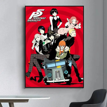 Vibrant red canvas print featuring persona 5 maniacs anime characters around a vintage car for living room decor