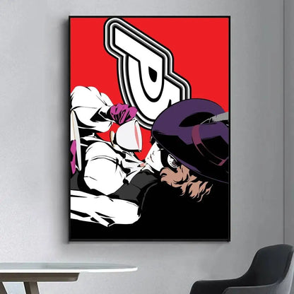 Vibrant red persona 5 pop art canvas with bold black and white cartoon characters and purple helmet for living room decor