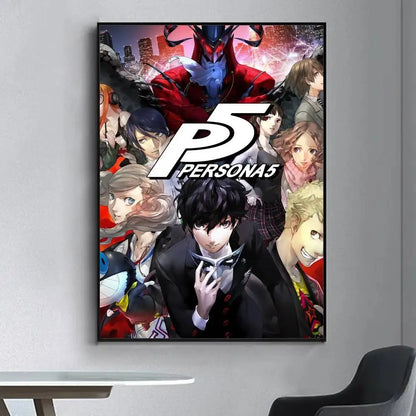 A framed persona 5 anime poster with vibrant colors and detailed art perfect as a living room decorative wall sticker
