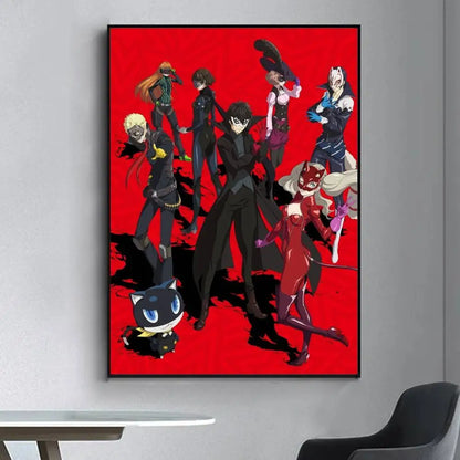 Vibrant red canvas print featuring persona 5 cast in dynamic poses for living room retro decorative wall art