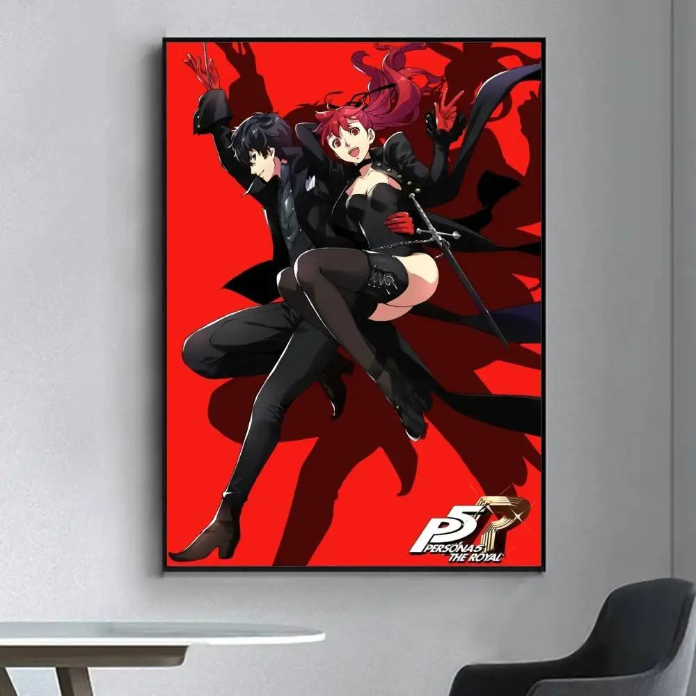 Vibrant red canvas print featuring two persona 5 royal anime characters in black outfits for living room decor