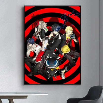 Vibrant red and black spiral canvas print featuring persona 5 anime characters and stylized cat mascot for living room decor