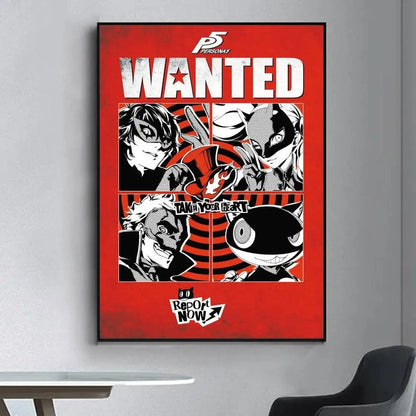 Red framed wanted poster wall sticker featuring black and white persona 5 anime characters for living room decor