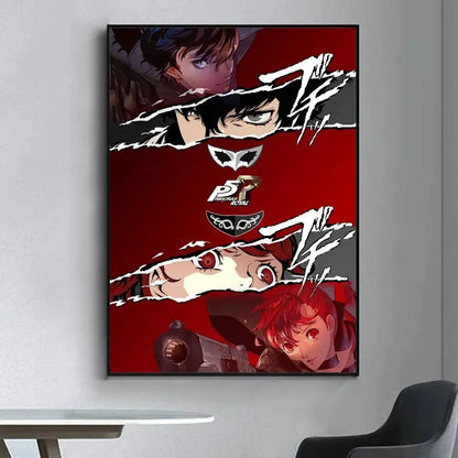 Red framed persona 5 royal anime poster with torn-paper design and black-white accents for living room decor