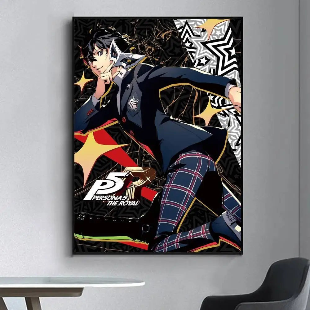 A framed persona 5 anime poster featuring a character in a dark blue suit with gold stars for living room decor