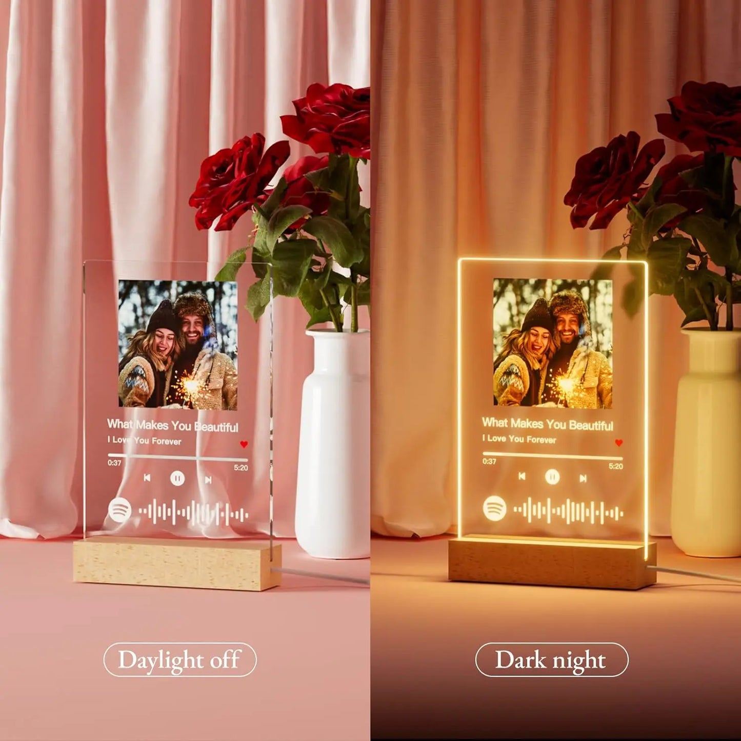 Clear acrylic personalised spotify music photo plaque with wooden base and led light displaying custom lyrics and waveform