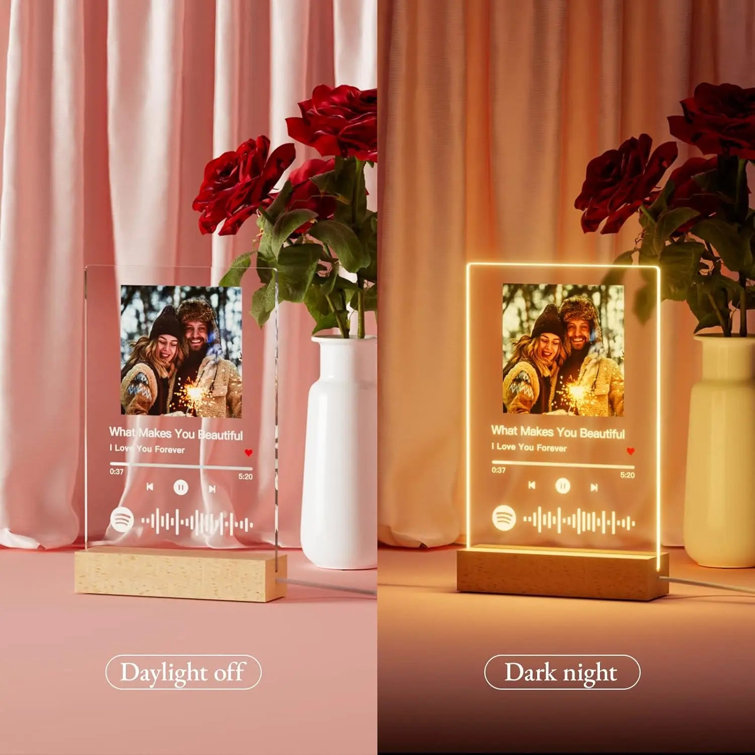 Clear acrylic personalised spotify music photo plaque with wooden base and led light displaying custom lyrics and waveform