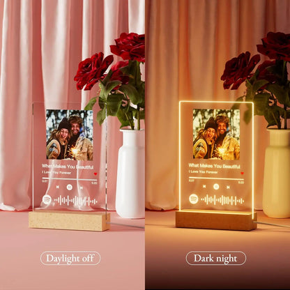 Clear acrylic personalised spotify music photo plaque with wooden base and led light displaying custom lyrics and waveform