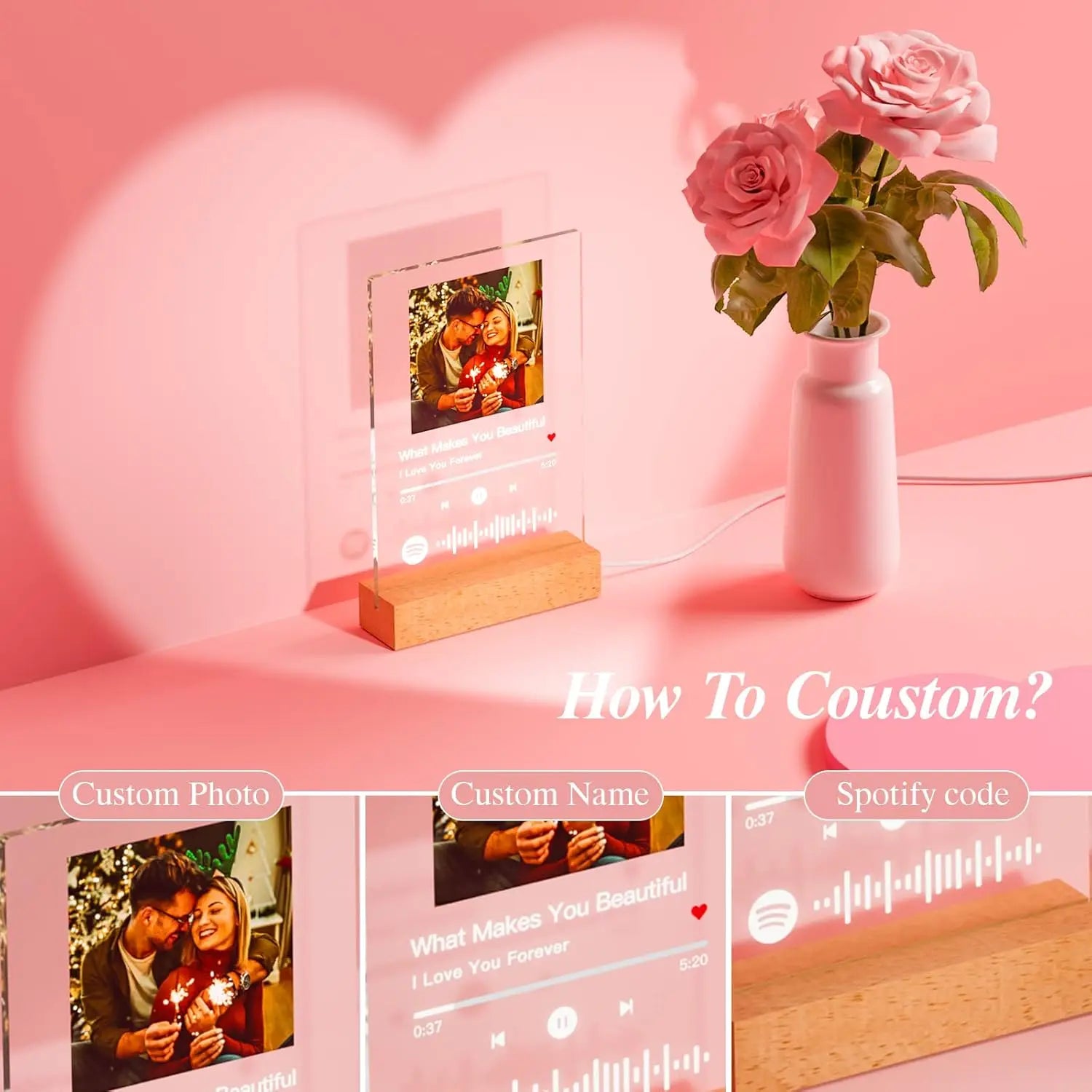 Clear acrylic personalised spotify music plaque with wooden base displaying song lyrics and couple photo with led light