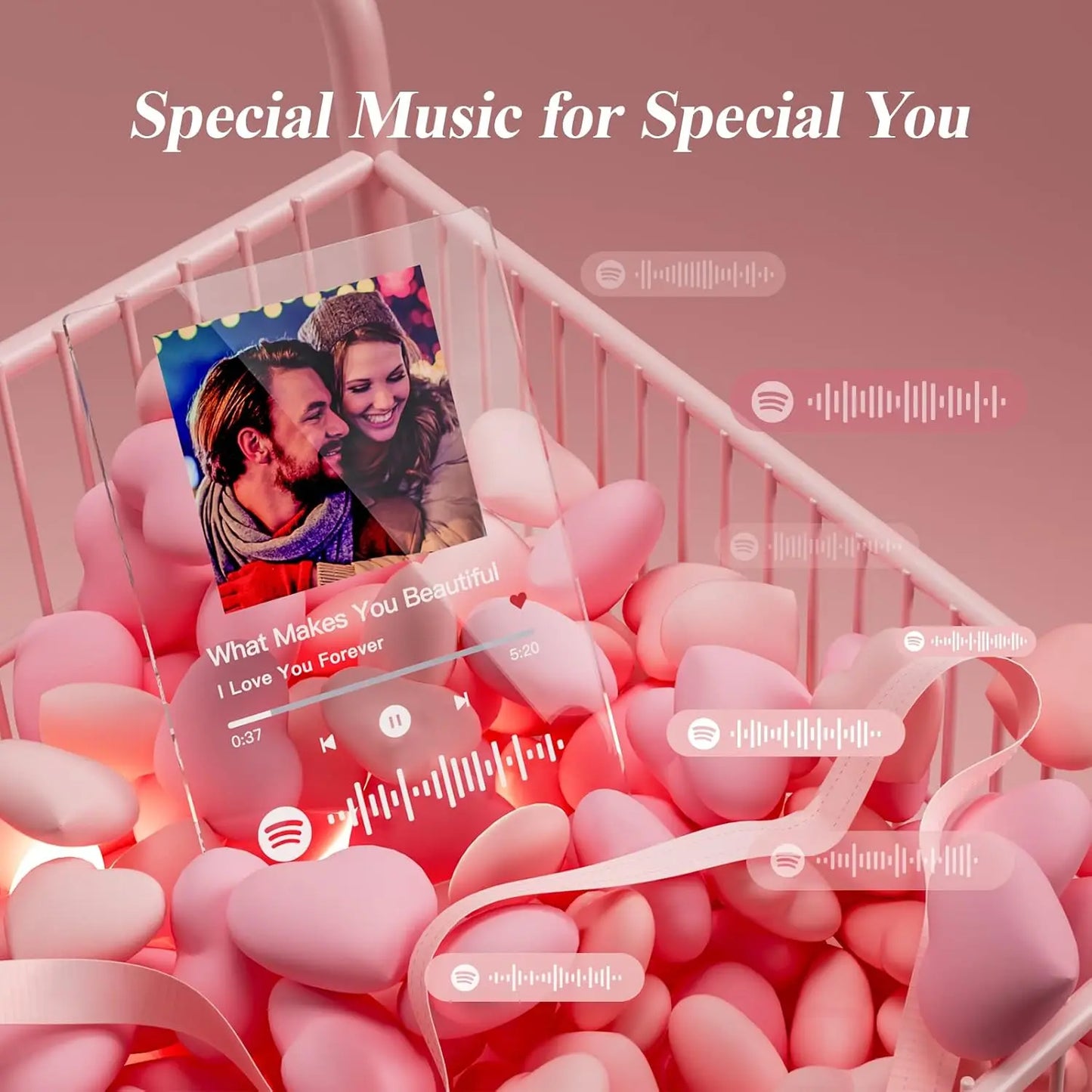 Personalised acrylic spotify music plaque with couple photo on pink background and wooden base led night light