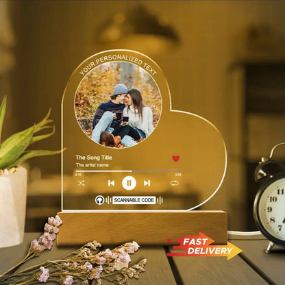 Personalised acrylic spotify heart shaped music plaque with customizable photo and wooden base with led night light