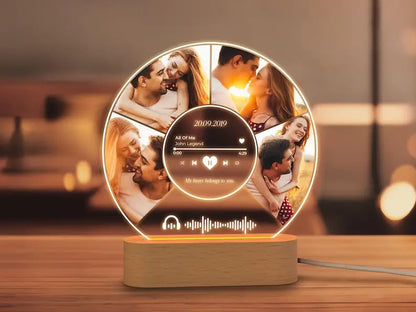 Circular led personalised acrylic spotify music plaque with wooden base displaying photos and music playback details