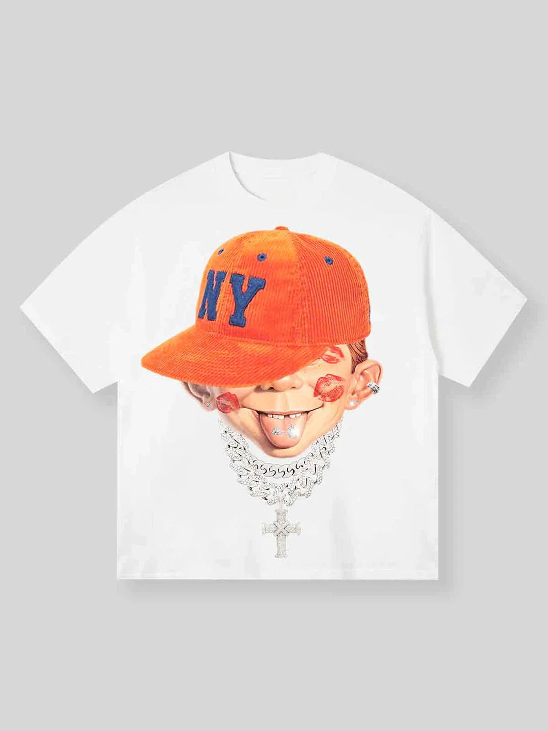 White cotton personality hip hop round neck top with cartoon face and orange ny cap for women casual streetwear