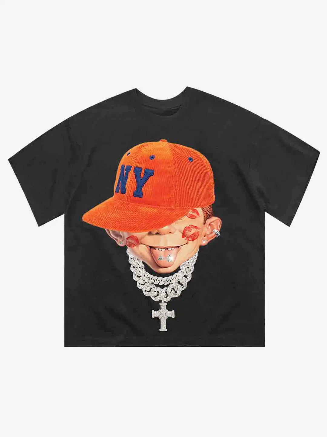 Black oversized cotton t-shirt with personality hip hop cartoon face graphic, round neck tops for women casual streetwear